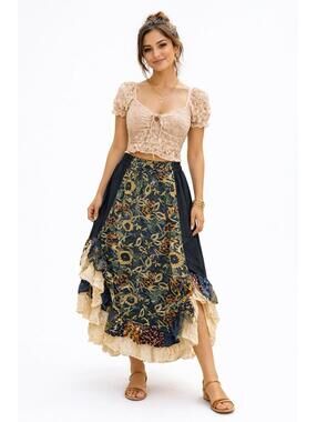 NIP Young Threads Boho Patchwork Maxi Skirt L Floral Layered Hem Stretch Waist